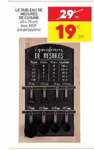 le tableau de mesures de cuisine