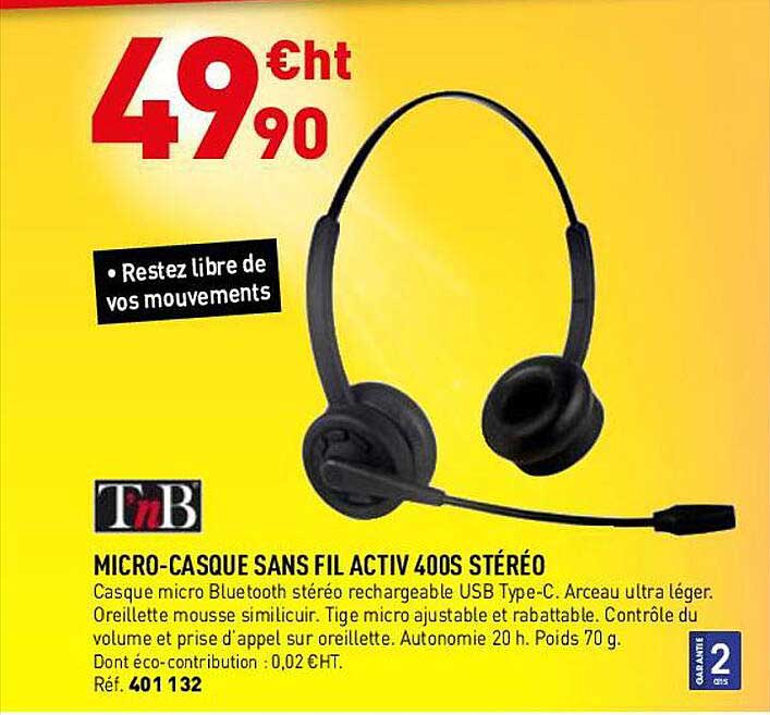 micro-casque sans fil activ 400s stéréo t'nb