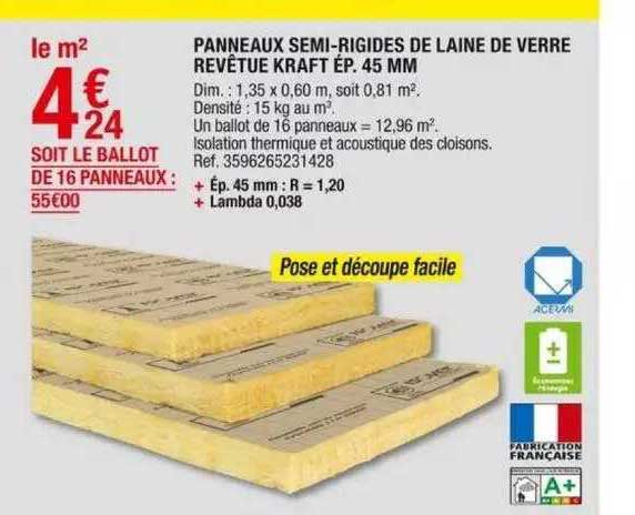panneaux semi-rigides de laine de verre revêtue kraft ép. 45 mm