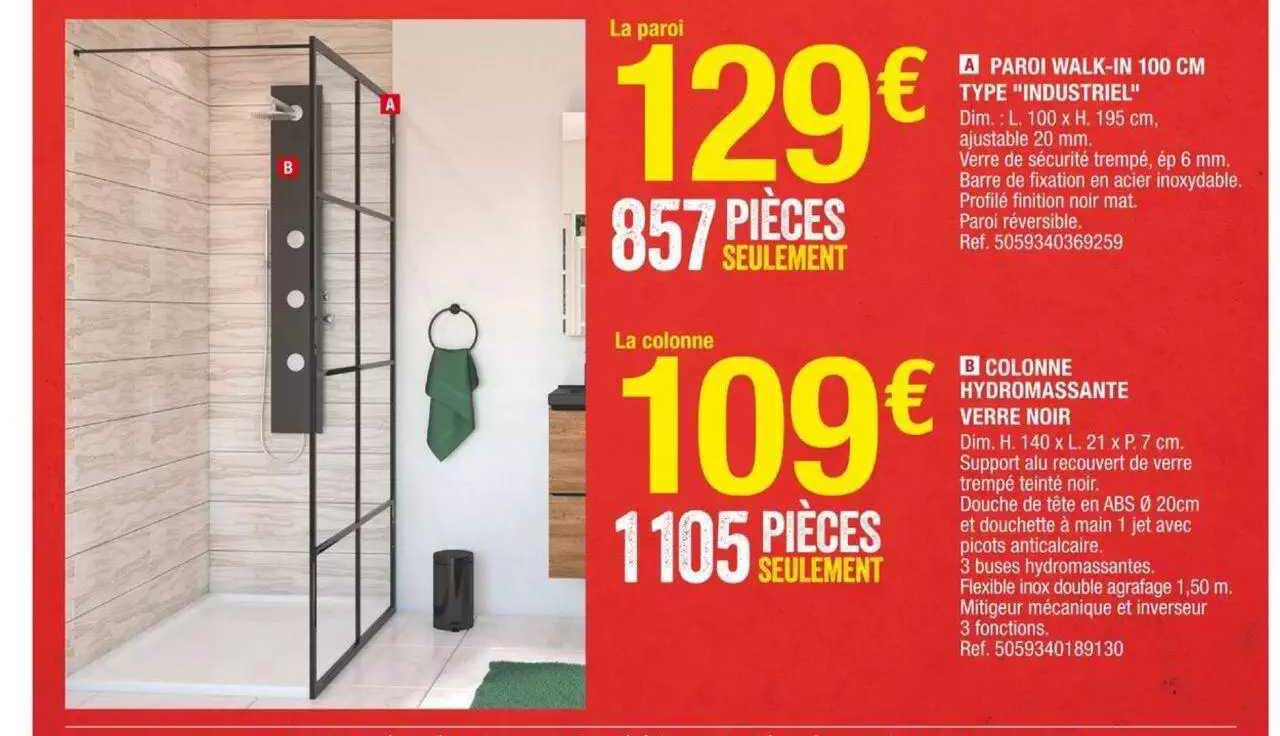 paroi walk-in 100 cm type "industriel" , colonne hydromassante verre noir