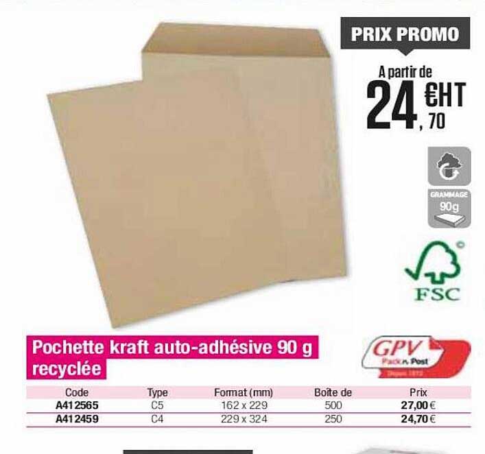 pochette kraft auto-adhésive 90g recyclée fsc