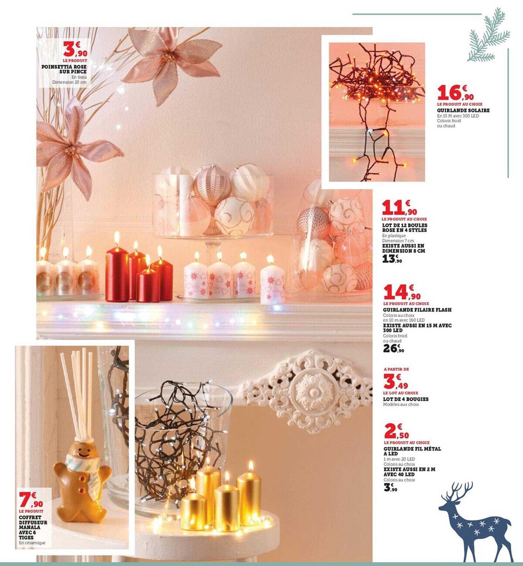 poinsettia rose sur pince, guirlande solaire, lot de 12 boules rose en 4 styles existe aussi en dimension 8 cm, guirlande filaire flash existe aussi en 15 m avec 300 led, lot de 4 bougies