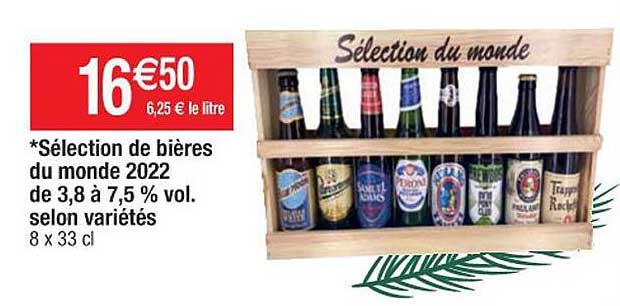 sélection de bières du monde 2022 de 3,8 à 7,5% vol. selon variétés