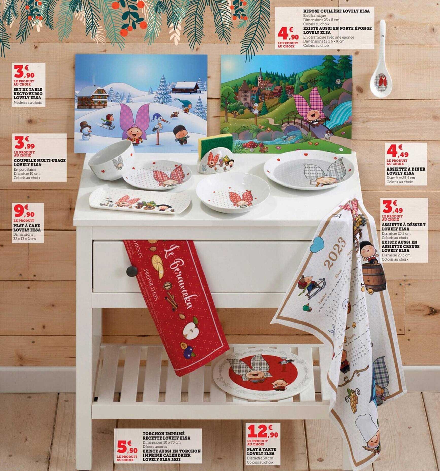 set de table recto-verso lovely elsa, coupelle multi-usage lovely elsa, plat à cake lovely elsa, repose cuillère lovely elsa existe aussi en porte éponge lovely elsa, assiette à dîner lovely elsa