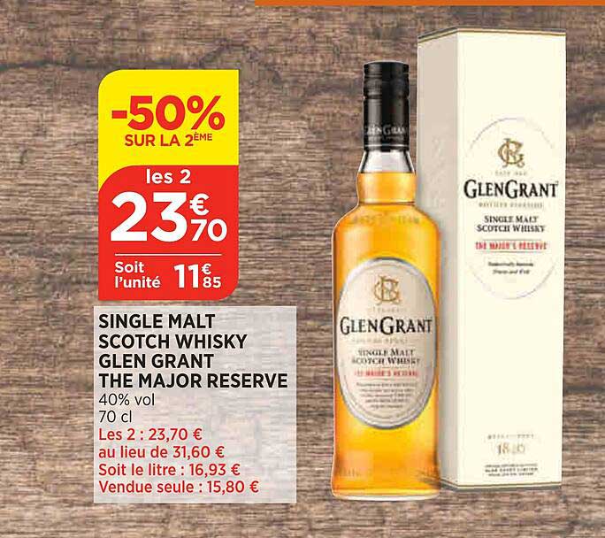 single malt scotch whisky glen grant the major réserve -50% sur le 2ème