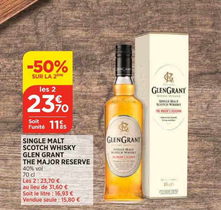single malt scotch whisky glen grant the major réserve -50% sur le 2ème