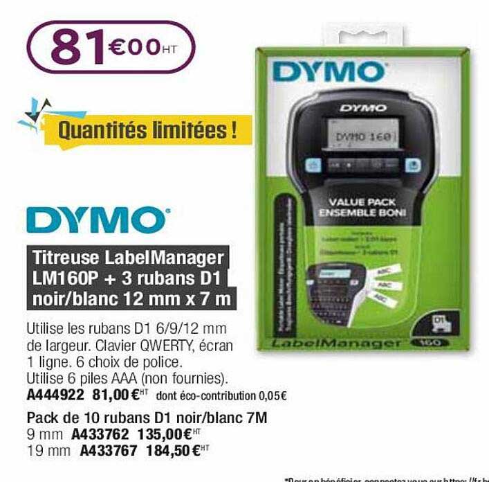 titreuse labelamanager lm160p + 3 rubans d1  noir blanc 12 mm x 7m