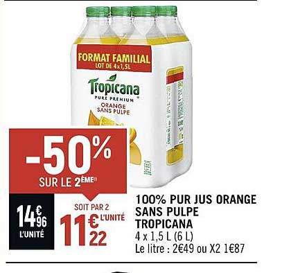 100% Pur Jus Orange Sans Pulpe Tropicana