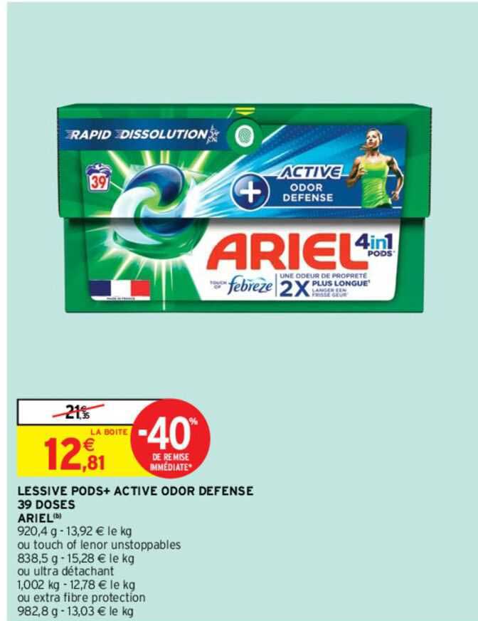 lessive pods+ active odor défense 39 doses ariel