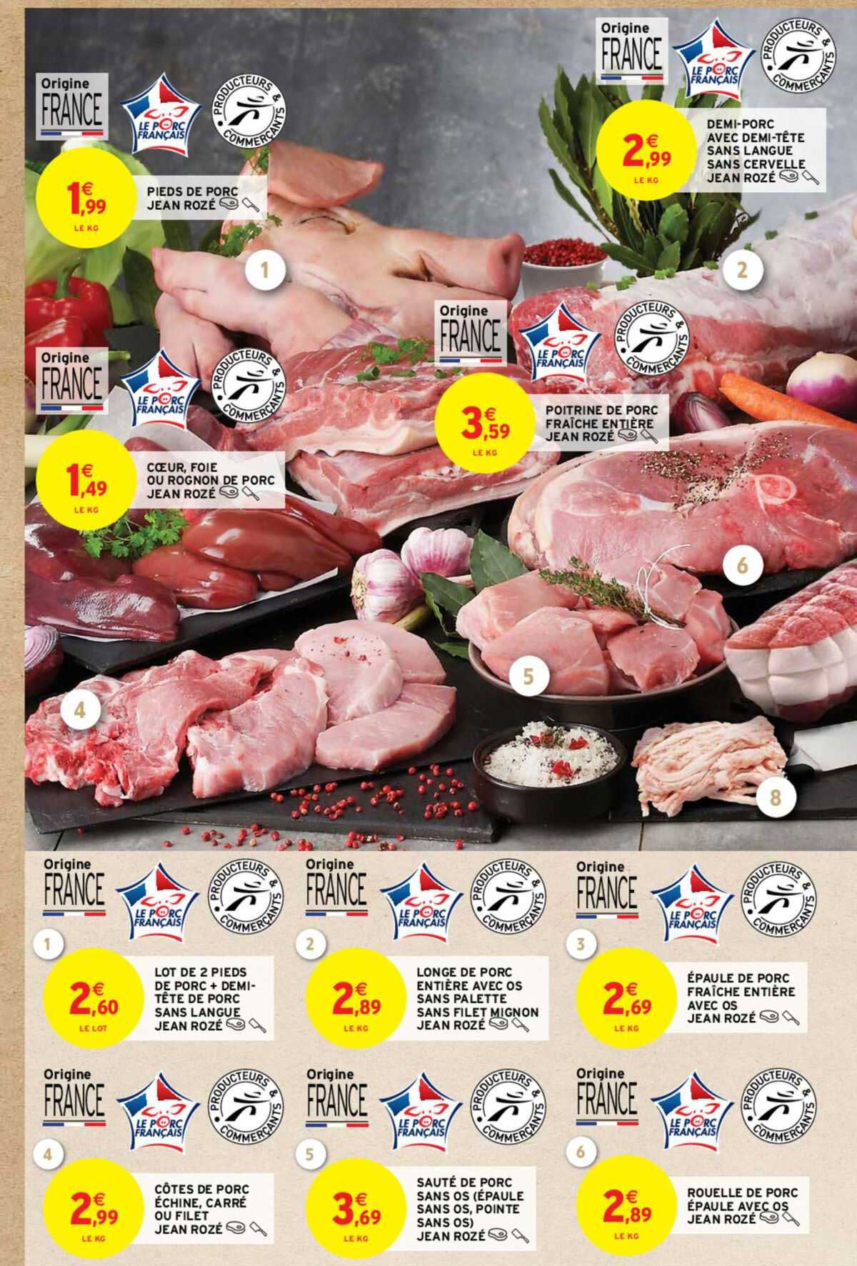 pieds de poré jean rozé,  demi-porc avec demi-tête sans langue sans cervelle jean rozé, poitrine de porc fraîche entière jean rozé, cœur, foie ou rognon de porc jean rozé