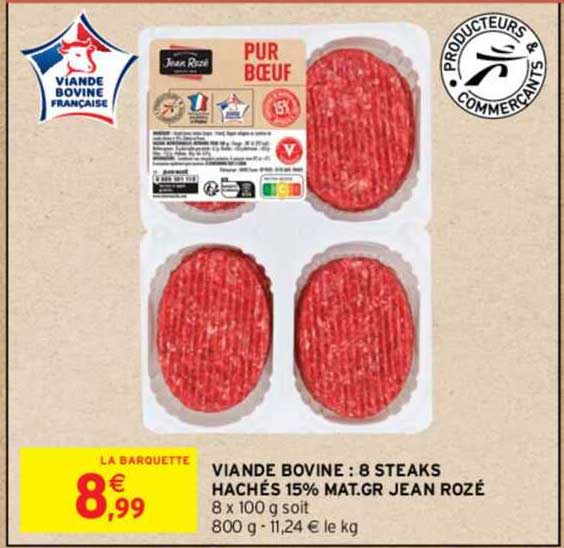 viande bovine : 8 steaks hachés 15% mat.gr. jean rozé