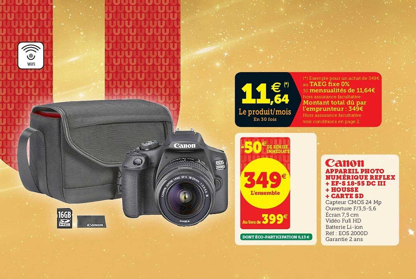 appareil photo numérique reflex canon + ef-s 18-55 dc iii + housse + carte sd