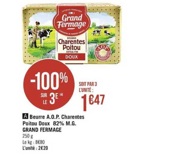 beurre aop charentes poitou doux 82% m.g. grand fermage