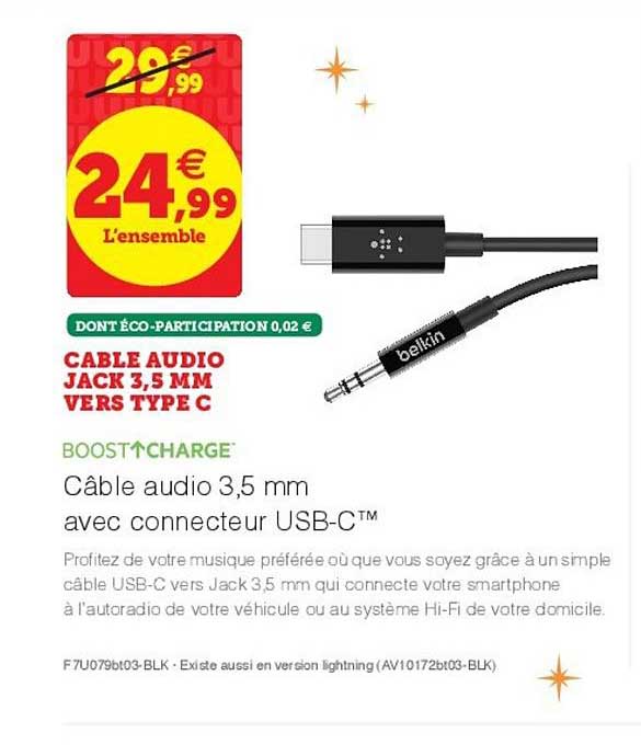 cable audio jack 3.5 mm vers type c