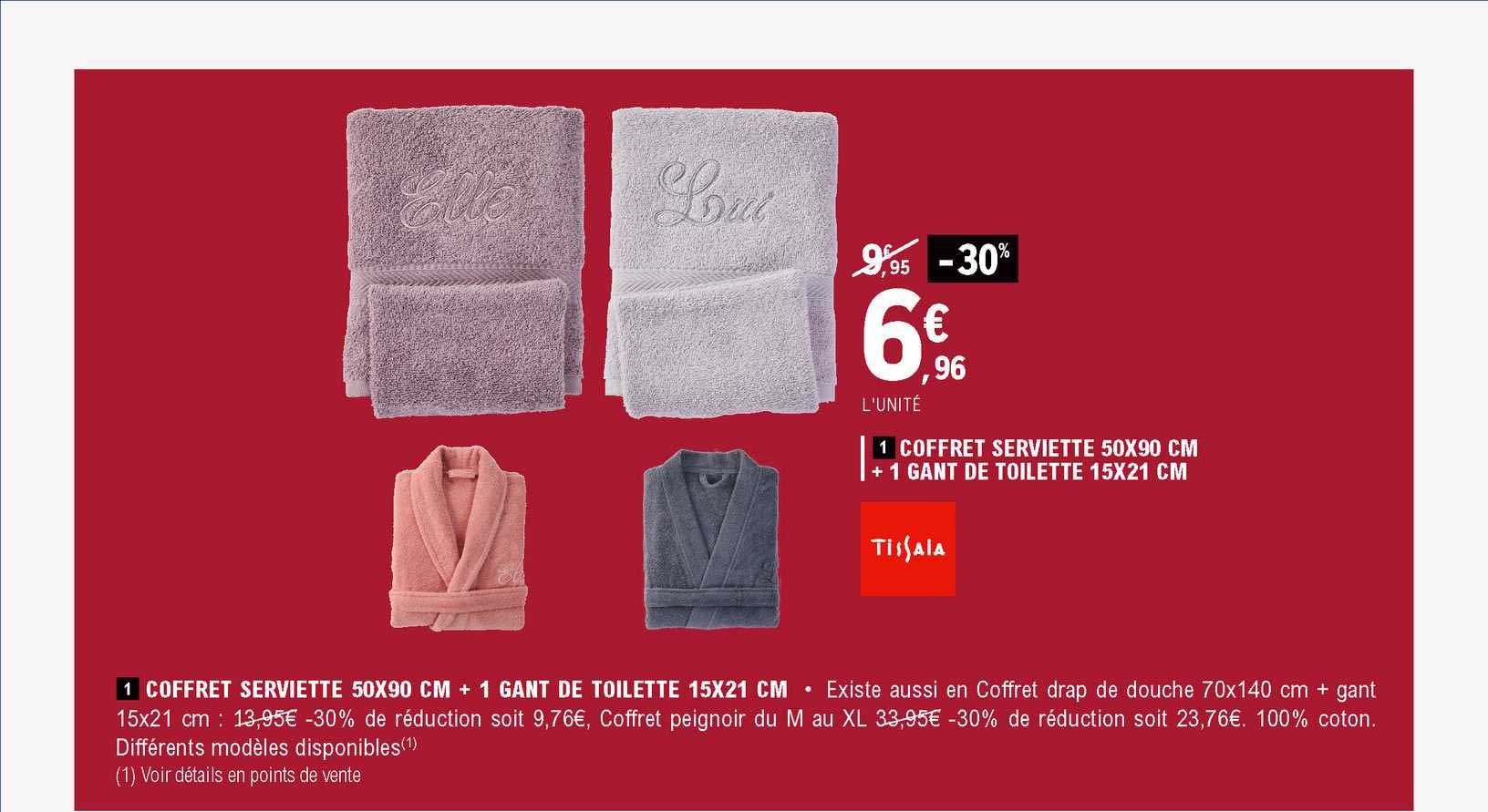 coffret serviette 50x90 cm + 1 gant de toilette 15x21 cm tissaia