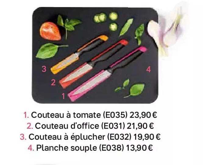 couteau à tomate, couteau d'office, couteau à éplucher, planche souple