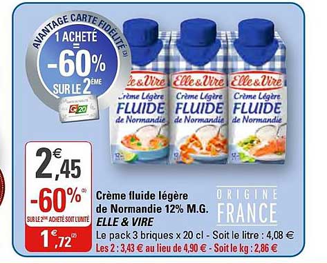 crème fluide légère de normandie 12% m.g. elle&vire