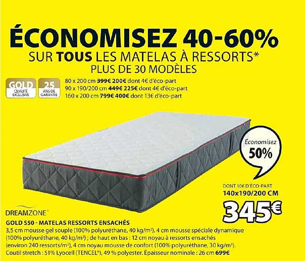 dreamzone gold s50 matelas ressorts ensachés