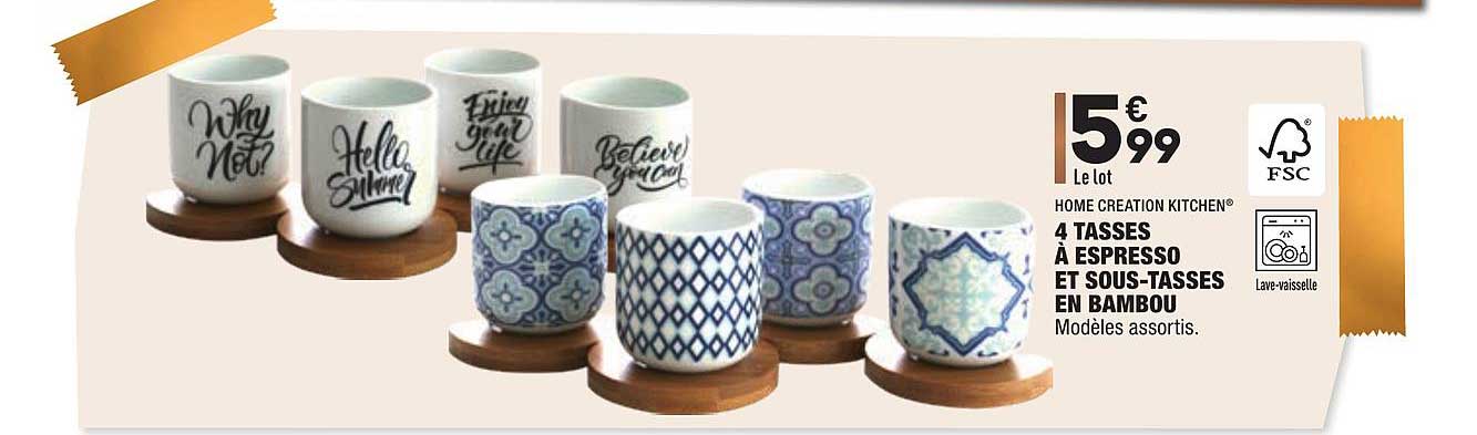 Home Creation Kitchen 4 Tasses à Espresso Et Sous Tasses En Bambou