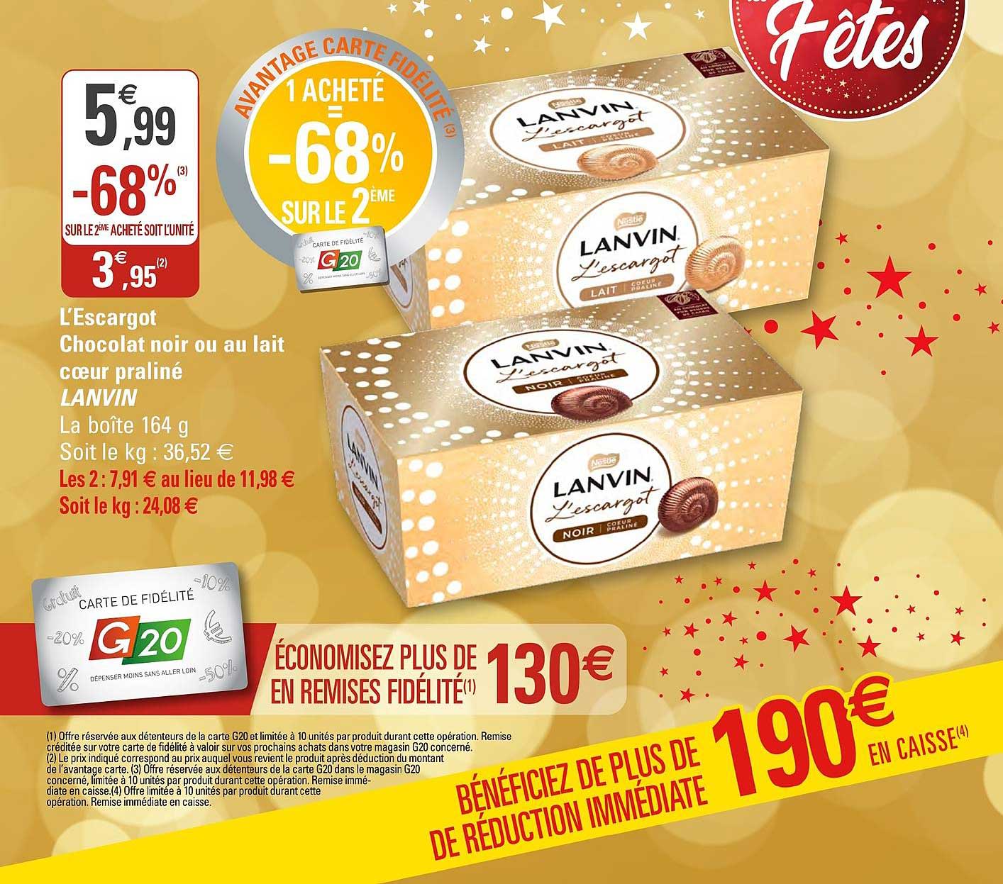 l'escargot chocolat noir ou au lait cœur praliné lanvin