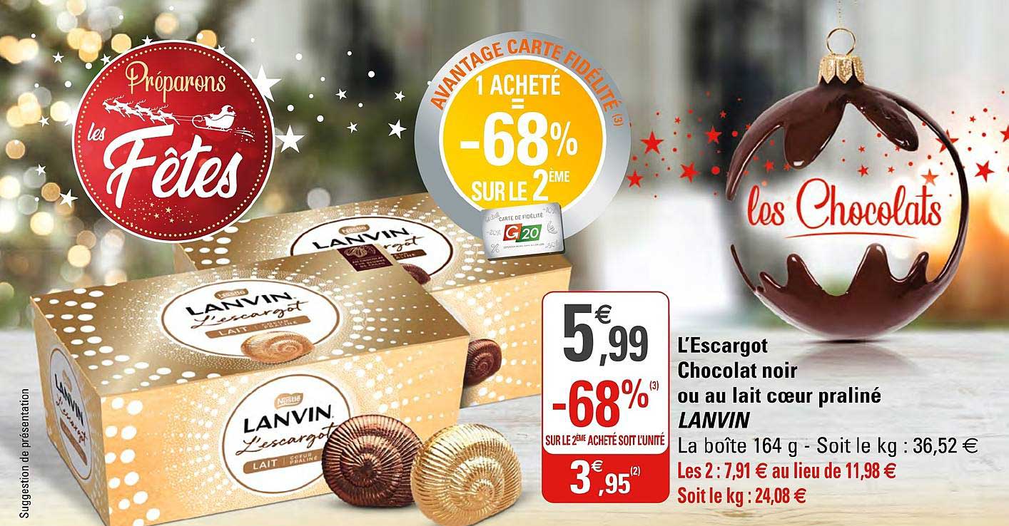 l'escargot chocolat noir ou au lait cœur praliné lanvin
