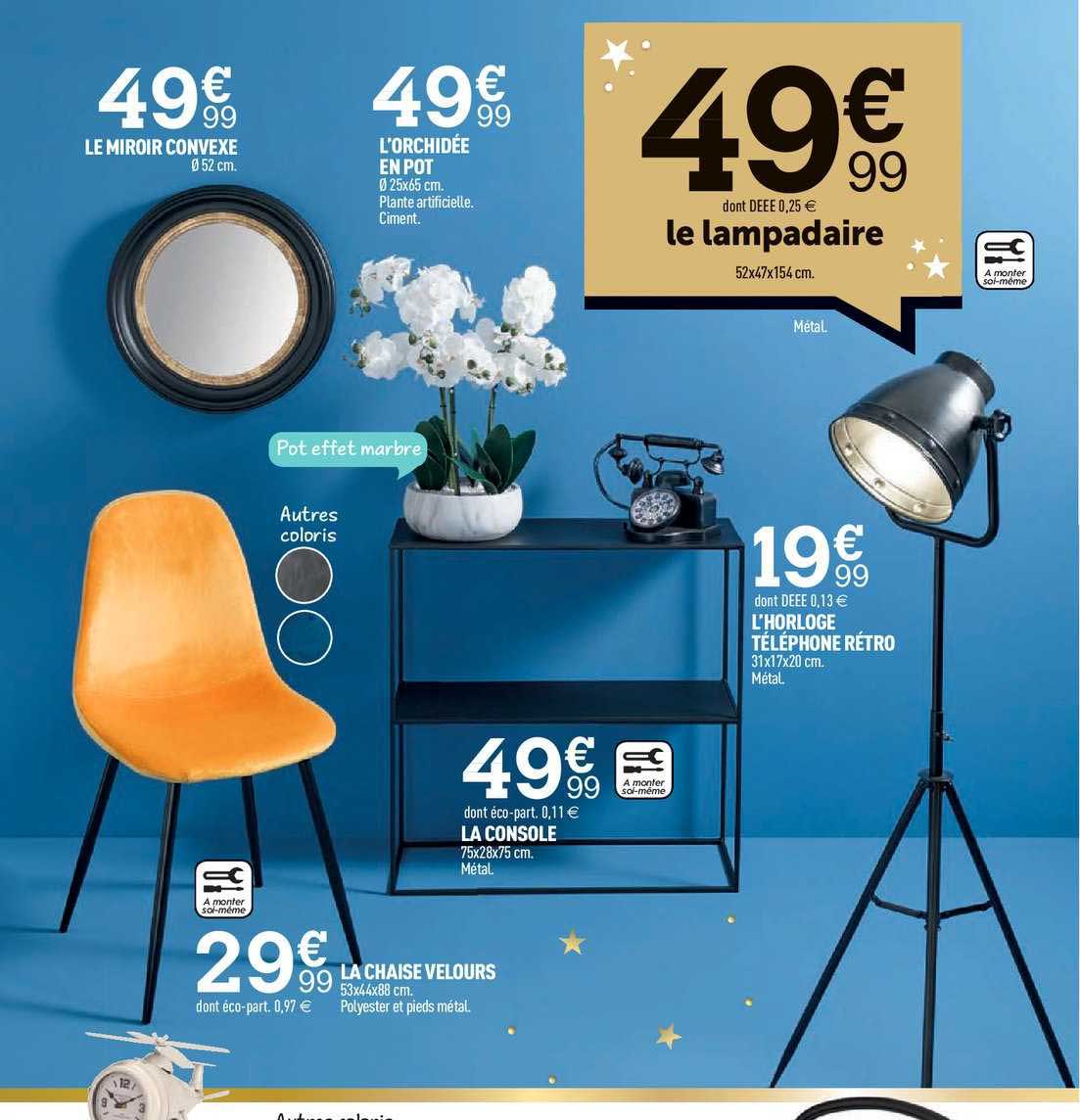 le miroir convexe, l'orchidée en pot, la chaise velours, l'horloge téléphone rétro, le lampadaire