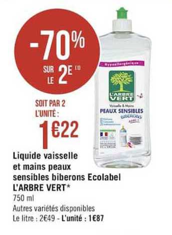liquide vaisselle et mains peaux sensibles biberons ecolabel l'arbre vert