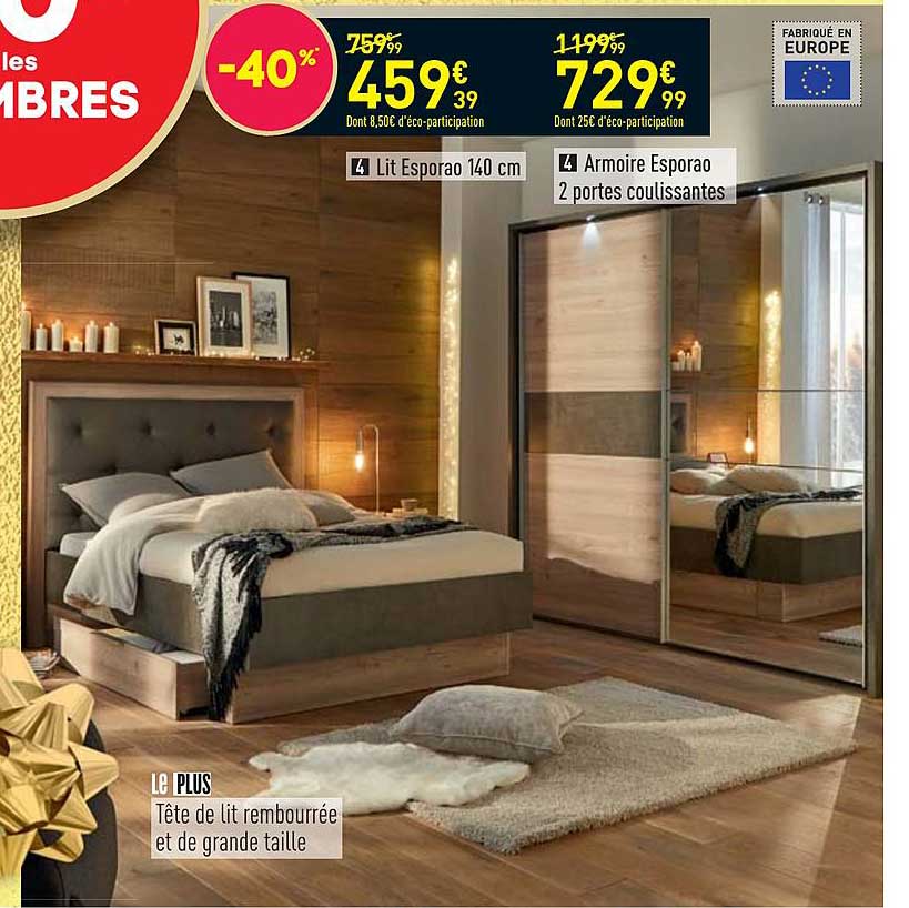 lit esporao 140 cm, armoire esporao 2 portes coulissantes, tête de lit rembourrée et de grande taille