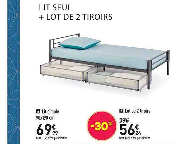 Lit Simple 90 X 190 Cm, Lot De 2 Tiroirs