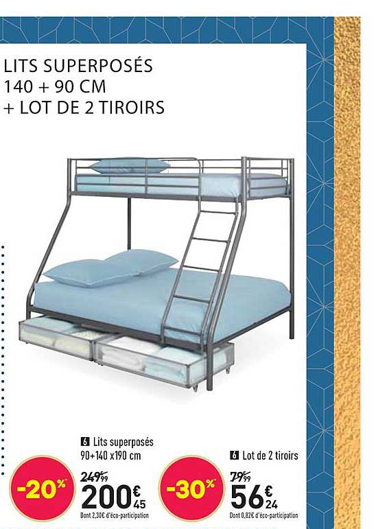 lit superposés 90 + 140 x 190 cm, lot de 2 tiroirs