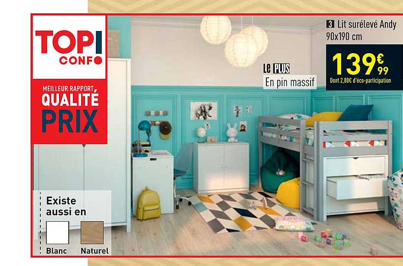 Lit Surélevé Andy 90 X 190 Cm