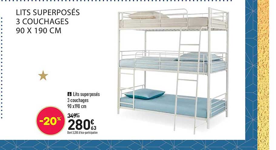 lits superposés 3 couchages 90 x 190 cm