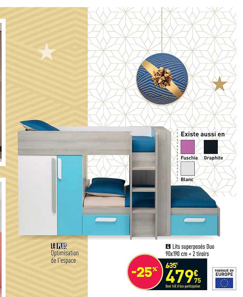 lits superposés duo 90 x 190 cm + 2 tiroirs