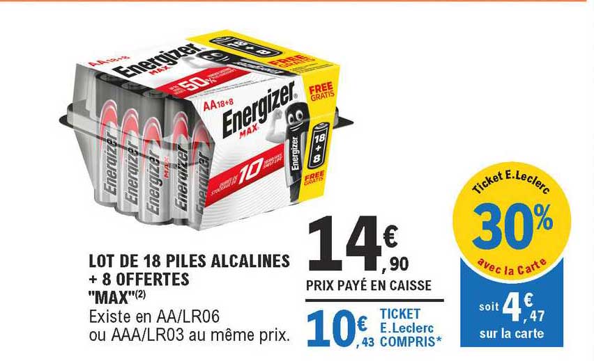 lot de 18 piles alcalines + 8 offertes "max" energizer
