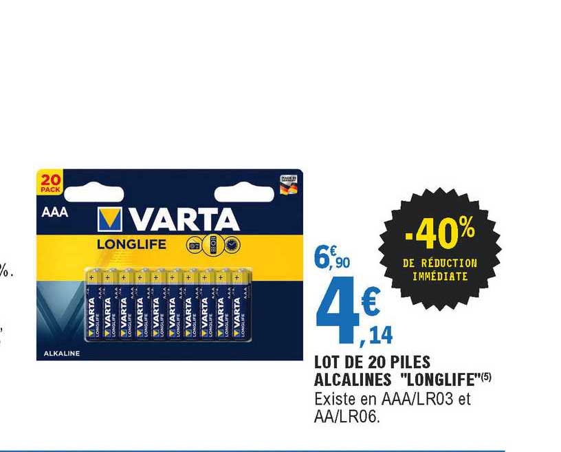 lot de 20 piles alcalines "longlife"
