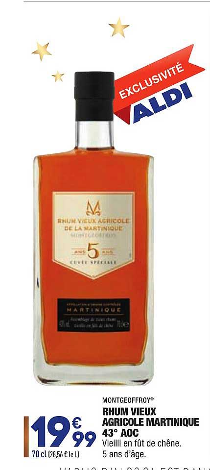 Montgeoffroy Rhum Vieux Agricole Martinique 43° Aoc Vielli En Fût De Chêne