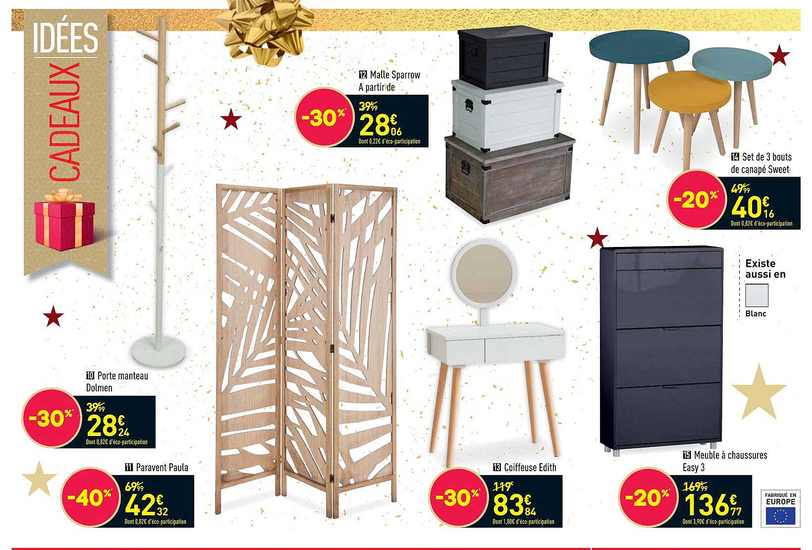 porte manteau dolmen, paravent paula, malle sparrow, coiffeuse édith, set de 3 bouts de canapé sweet, meuble à chaussures easy 3