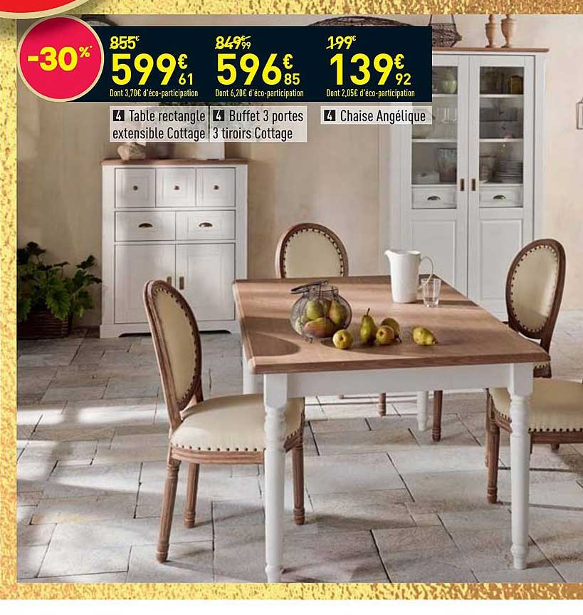 Table Rectangle Extensible Cottage, Buffet 3 Portes 3 Tiroirs Cottage, Chaise Angélique