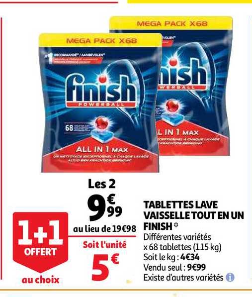 tablettes lave vaisselle tout en un finish 1+1 offert au choix
