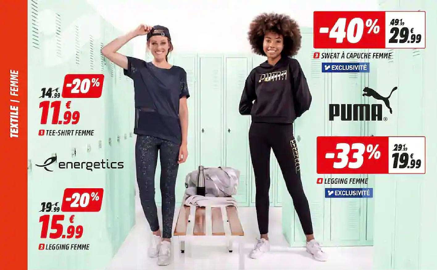 tee-shirt femme, legging femme, sweat à capuche femme, legging femme energetics