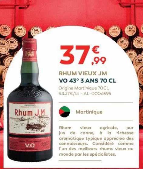 Rhum Vieux Jm Vo 43° 3 Ans 70 Cl