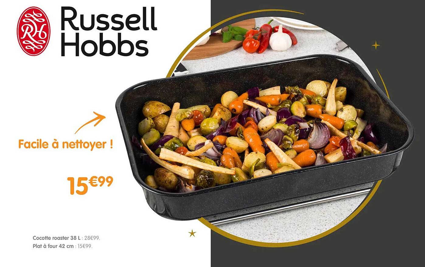 cocotte roaster 38l russell hobbs, plat à four 42 cm russell hobbs
