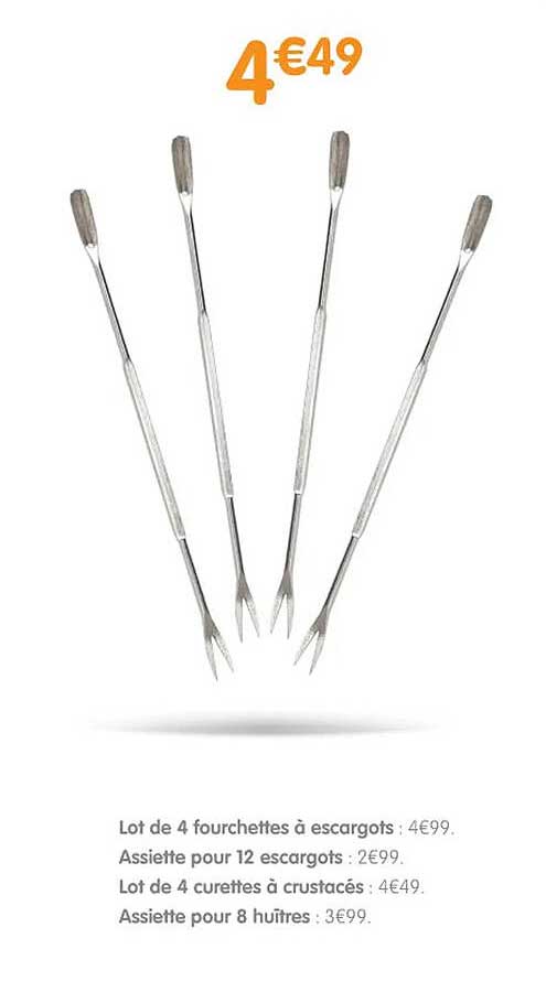 lot de 4 fourchettes à escargots, assiette pour 12 escargots, lot de 4 curettes à crustacés, assiette pour 8 huîtres