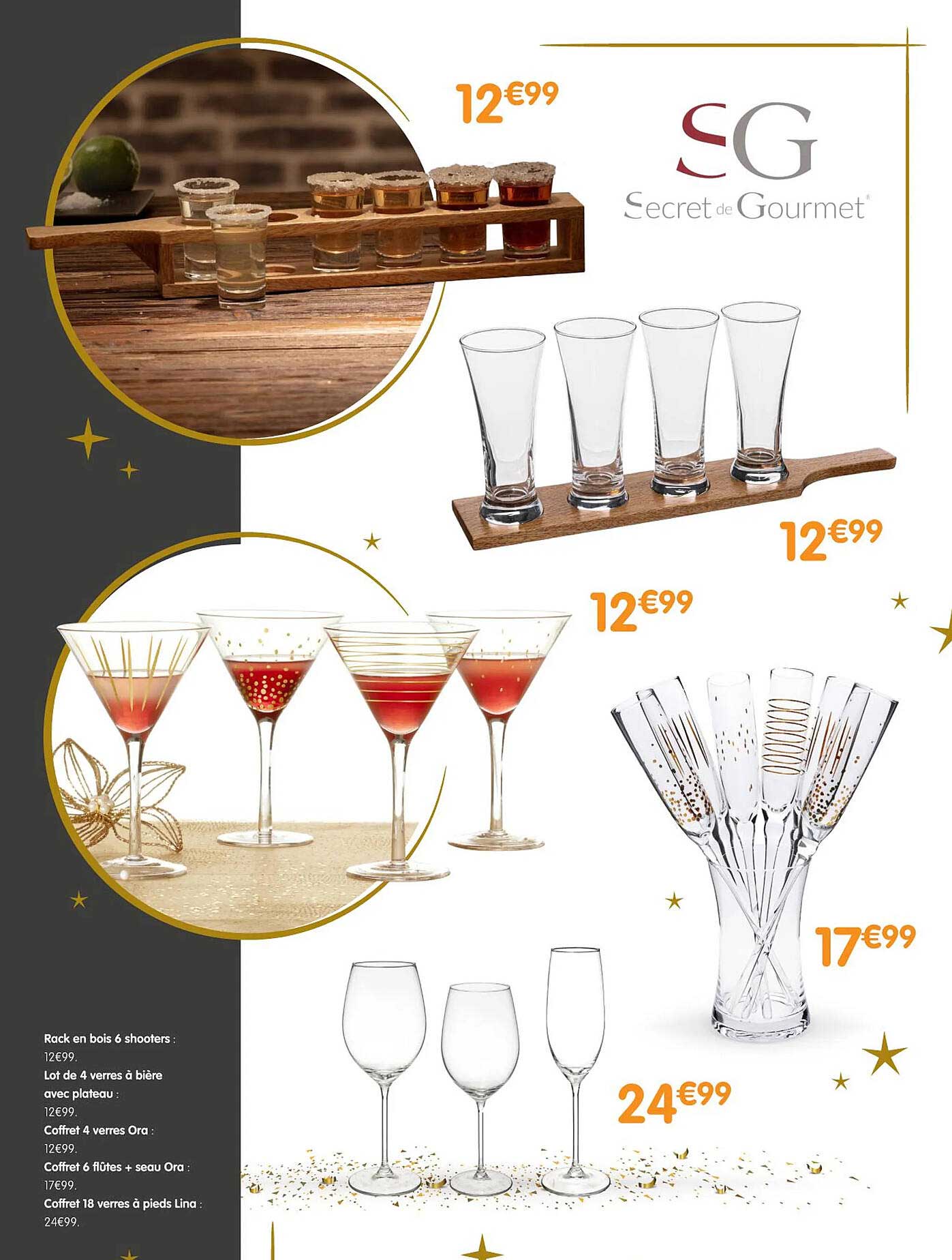 rack en bois 6 shooters, lot de 4 verres à bière avec plateau, coffret 4 verres ora, coffret 6 flûtes + seau ora, coffret 18 verres à pieds lina