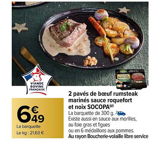 2 Pavés De Bœuf Rumsteak Marinés Sauce Roquefort Et Noix Socopa