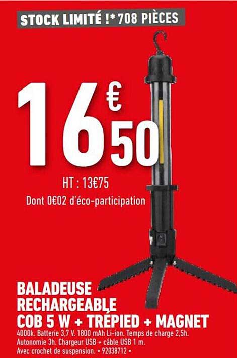baladeuse rechargeable cob 5w + trépied + magnet