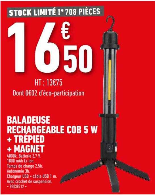 baladeuse rechargeable cob 5w + trépied + magnet