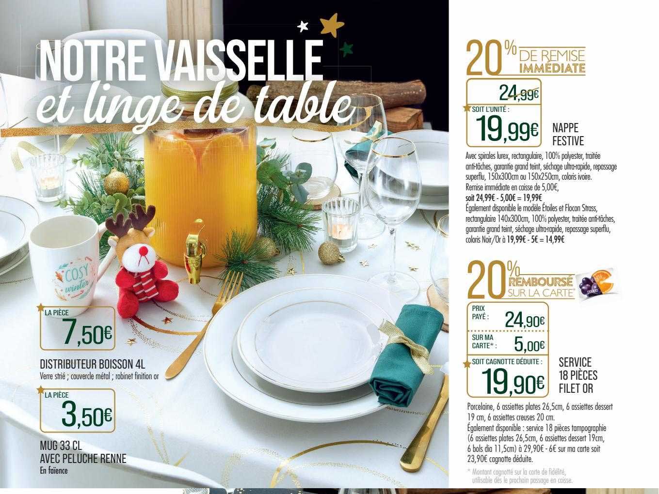 distributeur boisson 4l, mug 33cl avec peluche renne, nappe festive, service 18 pièces filet or