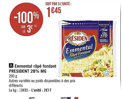 Emmental Râpé Fondant Président 28% Mg