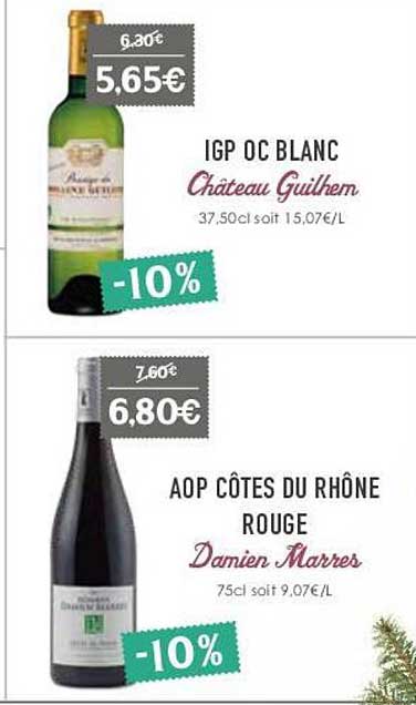 igp oc blanc château guilhem, aop côtes du rhône rouge damien marres